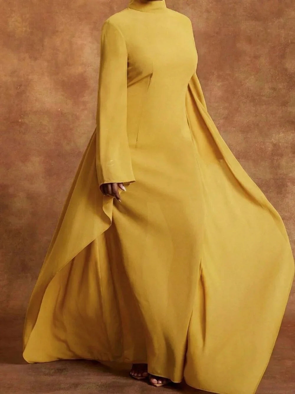 Yellow Elegant Women's Chiffon Mock Neck Batwing Long Sleeve Maxi Dress